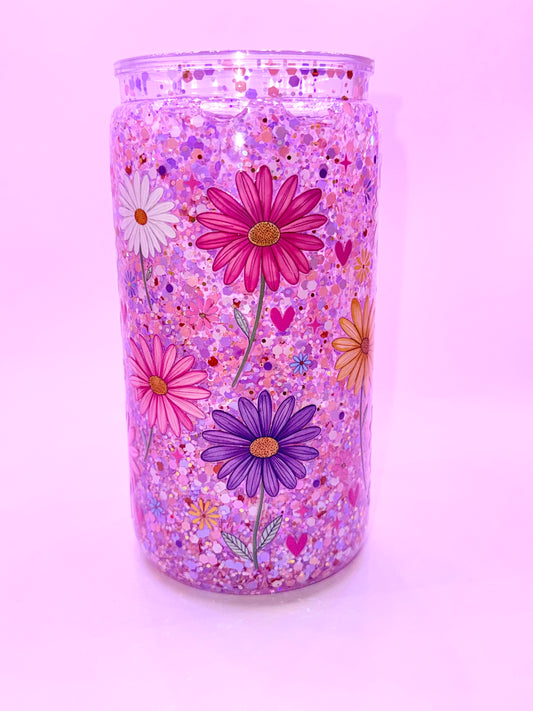 16oz Flower Glitter Snow Globe Tumbler